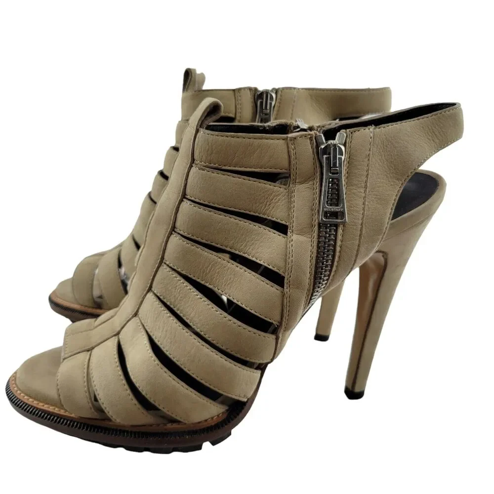 Belstaff Heels Womens 38 8 Neutrals Beige Leather‎ Caged Gladiator Ultra High